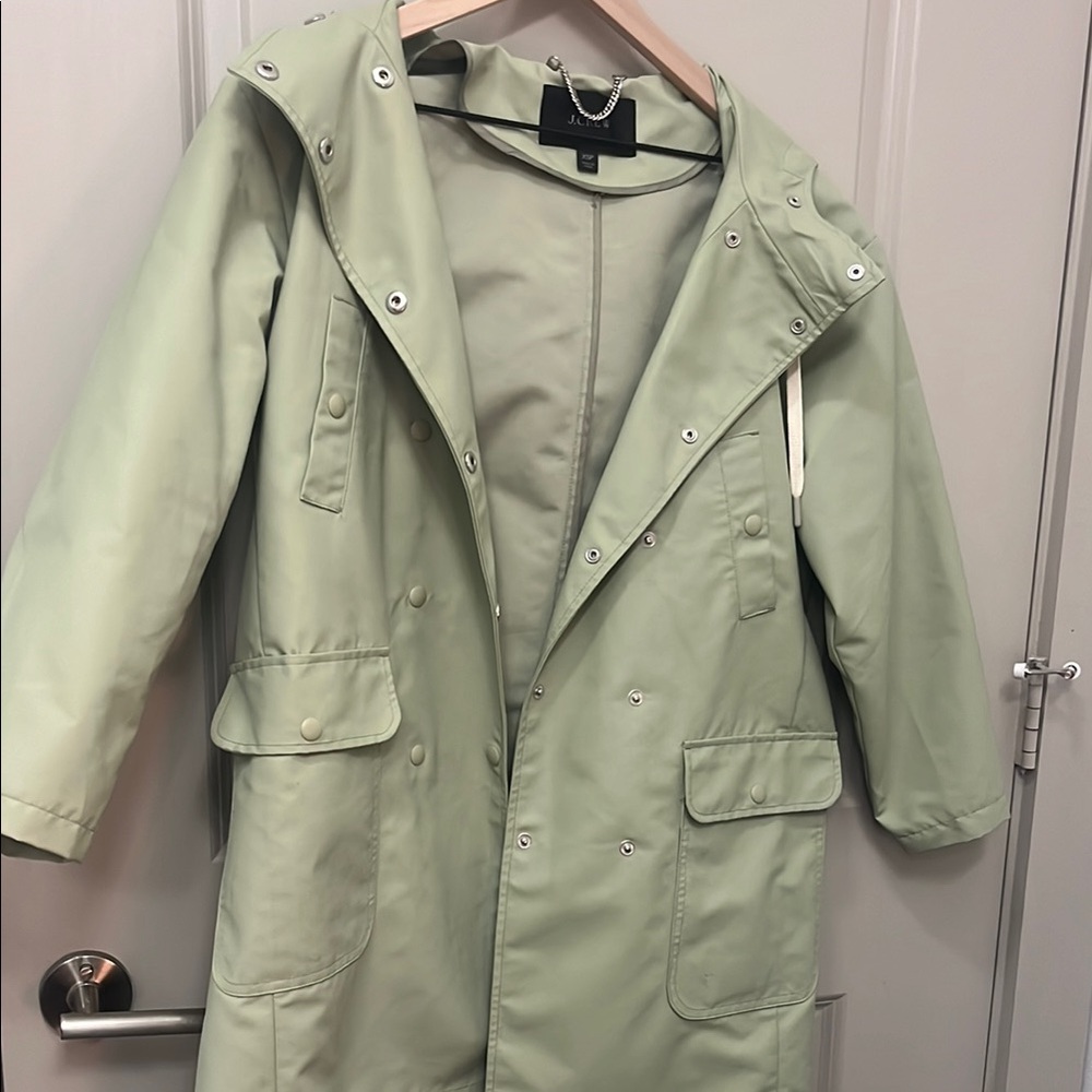 J. Crew Green Raincoat with Classic Trench Design and Long Length